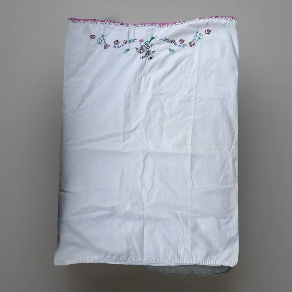 Vintage Hand Embroidered White Cotton Pillow Cover 27x20